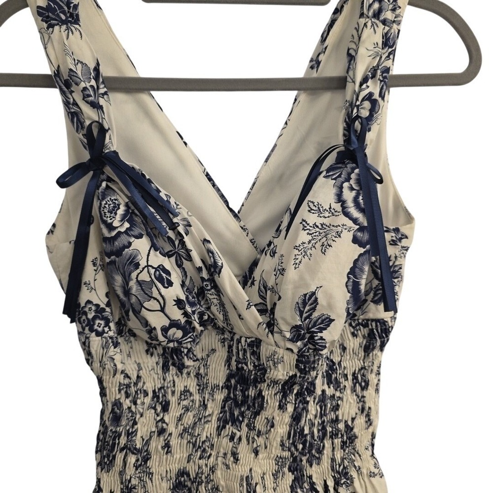 Vintage Sheri Martin Blue Floral Print V-Neck Lined Cotton Sleeveless Midi Dress